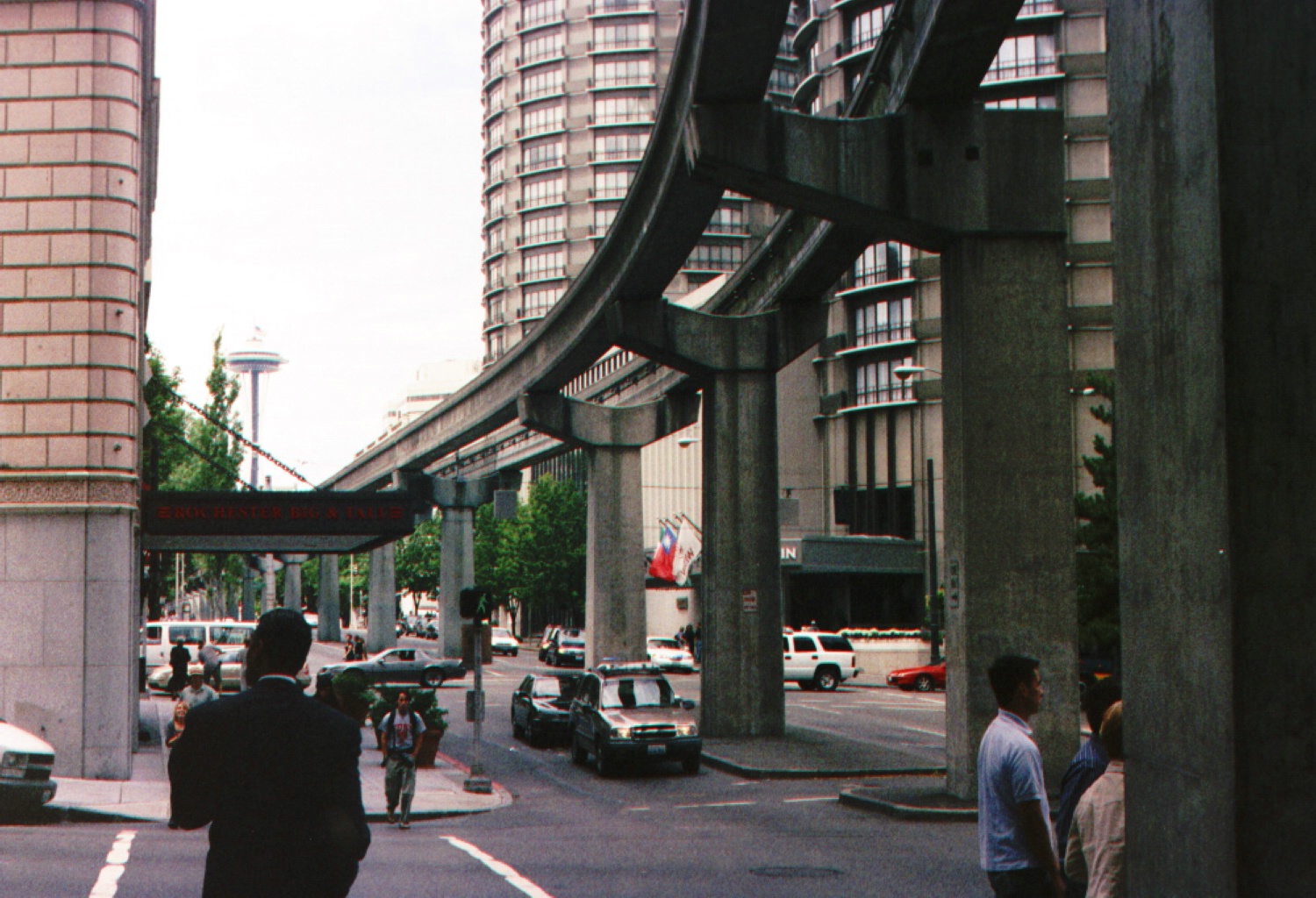 Seattle Monorail tracks with the Space Needle in the distance