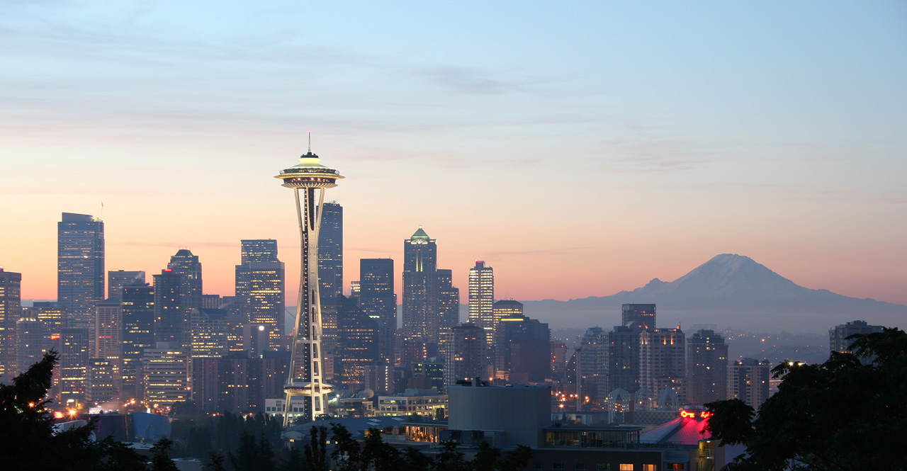 Space Needle framed against Seattle towers